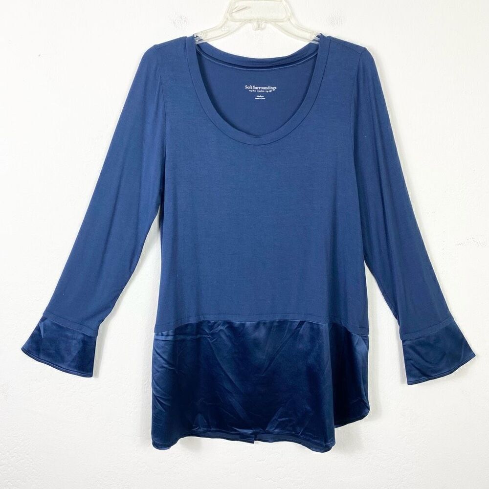 Soft Surroundings Navy Blue Satin Hem Long Sleeve Top Shirt Size M